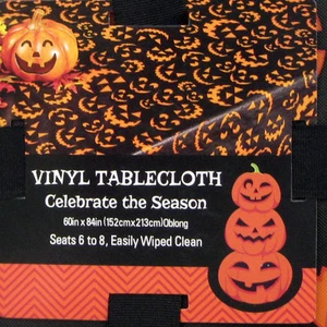 Halloween Tablecloth Vinyl Black with Orange Pumpkins 60 x 84 - Picture 1 of 3
