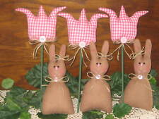 Country Home Decor 3 Pink Check Fabric Tulips 3 Rabbit Dolls Easter Centerpiece