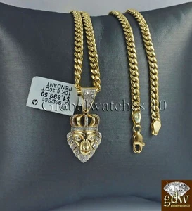 REAL 10k Gold & Diamond Lion Head Charm Miami Cuban Chain 24 Inch Men's Women - Picture 1 of 7