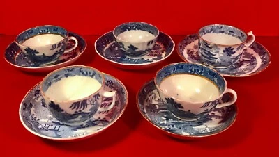5 Cup & Saucer Sets MILES MASON Broseley Willow Chinoiserie Transfer c1807-1813 - Image 1 of 4