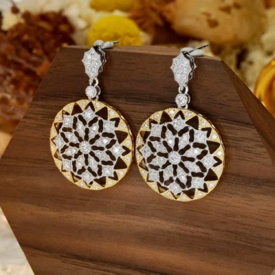 Vintage Hollow-Carved Design Natural Diamond Lady Round Earrings 14K 2-Tone Gold - Image 1 of 4