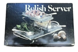 VTG Tiered Relish Tray Silverplated 3 Crystal Liner Dishes & 3 SP Forks In Box - Picture 1 of 21