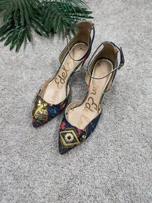Sam Edelman Mujer 7.5 Floral Tacones Bomba Tobillo Correa Lentejuelas Azul Marino Punto Dorado Foto 1 de 4