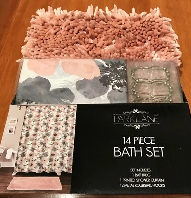 Parklane 14 Piece Bath Set Pink Gray Floral Shower Curtain Bath Rug Hooks - New - Image 1 of 2