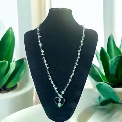 Collana in acciaio inox e chip di FLUORITE  Pietre Vere naturale +pendente cuore - Immagine 1 di 2