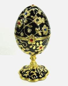 Enameled Collectible BLACK Egg Jewelry Well Ring Trinket Box BEAUTIFUL! - Picture 1 of 10