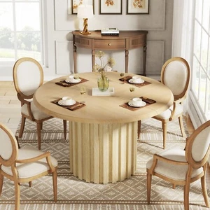 Round Dining Table for 4, Farmhouse Kitchen Table with Metal Base,... - Picture 1 of 7