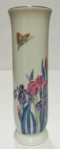 Vaso vintage Asahi Bud bianco con fiori rosa/viola/blu e bordo 22kt - Foto 1 di 3