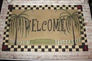 Handpainted Canvas Welcome Mat Farmhouse Country Willow Trees Check Heart Border - Picture 1 of 4