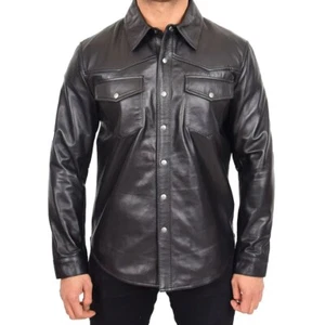 Camisa de cuero de cordero real para hombre mangas completas cuero abotonado frontal camisa negra - Imagen 1 de 4