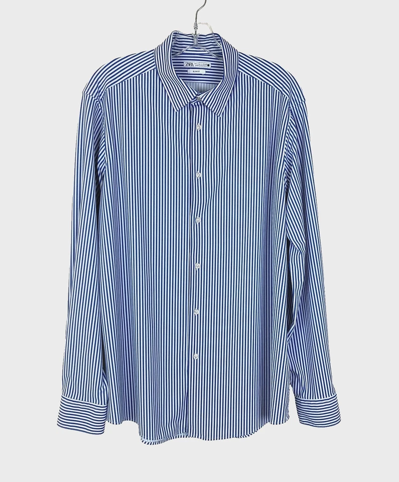 Camisa Zara Para Hombre Calce Ajustado Abotonada Talla L Azul Blanco Rayas Elastizada Foto 1 de 4