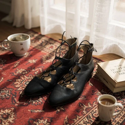 UGG LORIANNA Black LEATHER PARISIAN ELASTIC WRAP FLATS SHOES US 8.5/ 39.5 - Image 1 of 4