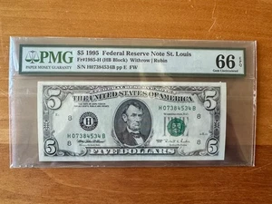 1995 $5 Federal Reserve Note PMG 66EPQ St. Louis Fr 1985-H - Picture 1 of 2