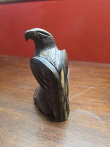 Vintage Hand Carved Bald Eagle Ironwood Figurine Sculpture Dark Brown Wood - Picture 1 of 8