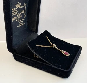 9ct YELLOW GOLD RUBY & DIAMOND DROP & DANGLE PENDANT NECKLACE 18" 3.5g - Picture 1 of 12