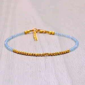 Aquamarine & Gold Plated 2 Faceted Gemstone Beads Unisex Handmade Bracelets 6-8" - Picture 1 of 12