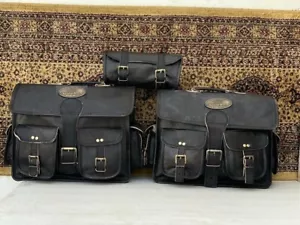3 Bags(Extra Large) Bull Leather Motorcycle Side Pouch Saddle Panniers Bag Pouch - Picture 1 of 7