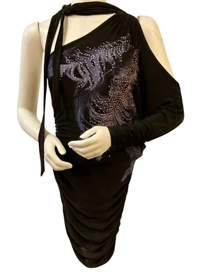 80s Wishe Black Evening Dress Ladies 6 Small Off Shoulder Scarf Stretch Wiggle - Image 1 of 4