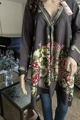 NUEVO CON ETIQUETAS BLUSA PAISLEY FLORAL SEDA JOHNNY WAS TÚNICA LARGA CORBATAS BOHO PEQUEÑA MEDIANA $248 Foto 1 de 4