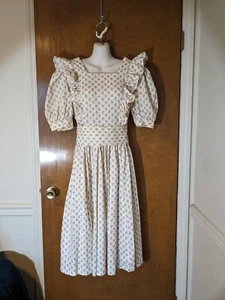 Handmade 70er 80er creme braun Sm Med Blumen Rüschen Prärie Cottagecore Kleid - Bild 1 von 14