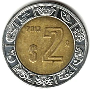2013 Mexican 2 pesos ~ BIMETALLIC ~ UNCIRCULATED ~ PLEASE SEE THE SCAN stk p992 - Picture 1 of 4