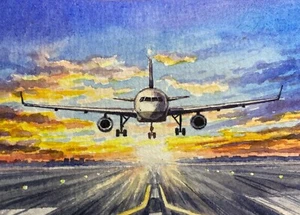 Watercolor Painting Sunset Airplane Take off Airport ACEO Art - Picture 1 of 2