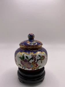 Chinesisches Emaille Cloisonne handbemalt Mini rundes Glas blau weiß mit Ständer - Bild 1 von 7
