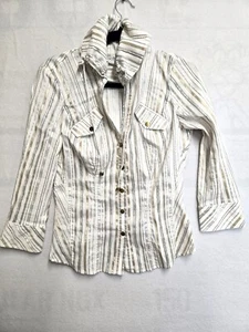 CACHE WOMENS METALIC THREAD DRAWSTING NECK WESTERN/COWGIRL SNAP SHIRT IN MED - Picture 1 of 2