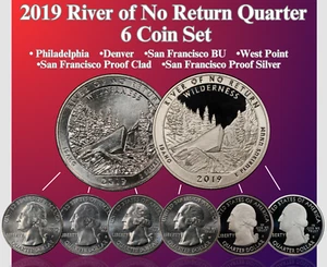 2019 P D S W RIVER NO RETURN PARKS QUARTER 6 COIN SET BU & CLAD & SILVER PROOFS - Picture 1 of 7