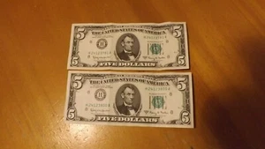 Two 1963 $5 bills with green seal - Picture 1 of 2