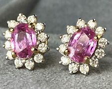$5750 18K Yellow Gold Pink Sapphire Diamond Halo Vintage Stud Earrings Certified