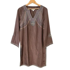 Coldwater Creek Women's Petite Brown Silk Tunic Blouse Beaded Size S - Picture 1 of 12