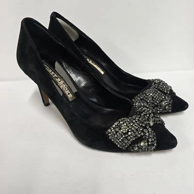 Audrey Brooke Black Suede Heels with Bejeweled Bow 6M - Image 1 of 4