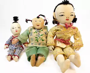 Set of 3 Vintage or Antique Cloth Chinese Dolls HAND-MADE (MCL) - Picture 1 of 18