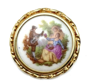Broche dorado Limoges Francia porcelana pintado a mano pareja cortejo patrimonio de colección - Imagen 1 de 10