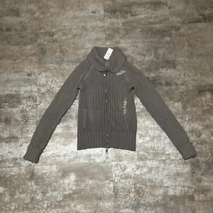 NWT Volcom Charcoal Grey Cable Knit Cowl Neck Double Zipper Sweater, Y2K, Sz M - Picture 1 of 24