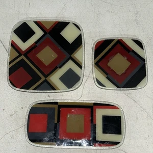 3 Peggy Karr Grid Square Plates Fused Glass Modern Geometric Design Brown - Picture 1 of 3