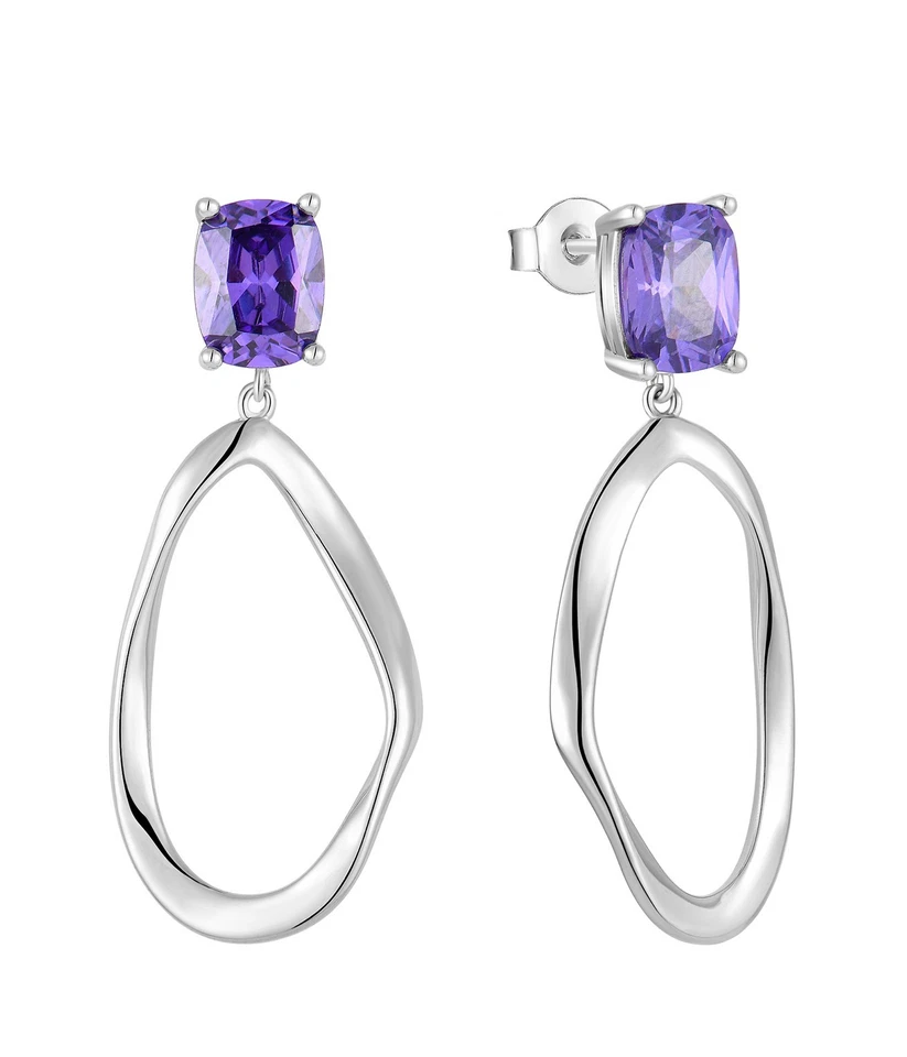 Rhodium-plated .925 Sterling Oval Loop Earrings w/ Amethyst Cubic Zirconia Studs - Image 1 of 1