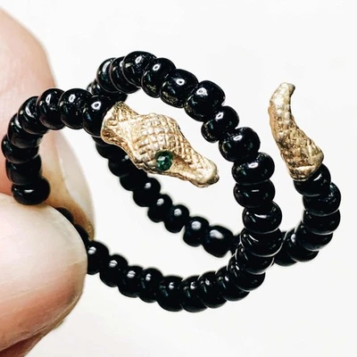 LUX Antique Coiled Snake Ring, Jet Beads + Glass Eyes, Size 8, Adjustable - Image 1 of 4
