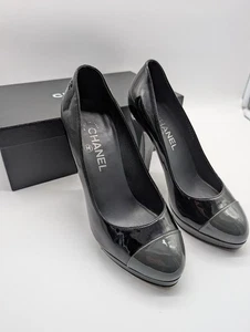 Chanel Patent Leather Platform High Heel Pumps Size US 8 EU 38.5 Black Box Dust - Picture 1 of 19