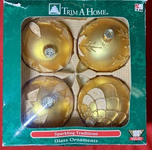 Vintage Kmart Trim A Home Gold Glass Christmas Ornaments Set of 4 Boxed - Picture 1 of 6