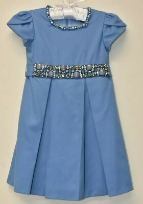 $425 NEW Fleurisse Girls Wool Dress Blue Crystal Jeweled Beaded Short Sleeve 3 Y - Image 1 of 4
