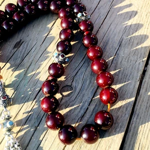Rare VTG German Miscky Dark Red Cherry Amber Bakelite Islamic 33prayer bead 86gr - Picture 1 of 20