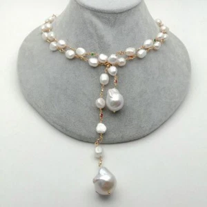 51'' Freshwater White Keshi Pearl Mixed Color Cz Pave Chain Long Necklace - Picture 1 of 8