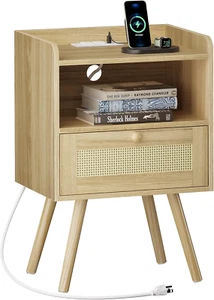Nightstand with Charging Station & Rattan-Like Decor Drawer, Rattan End Table wi - Picture 1 of 9