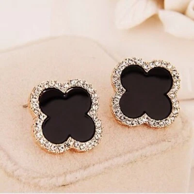 18K Yellow Gold Filled Agate Stylish 14 mm Black Clover Flower Stud Earrings - image 1 of 4