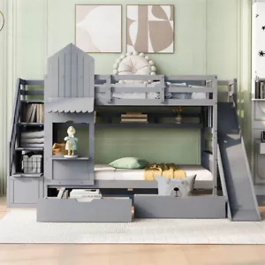 Twin-Over-Twin Castle Style Kids Bunk Bed w/2 Drawers 3 Shelves & Slide - Gray - Picture 1 of 21