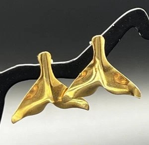 14k Yellow Gold Whale Tail Earrings Pierced Drop Stud - Picture 1 of 4