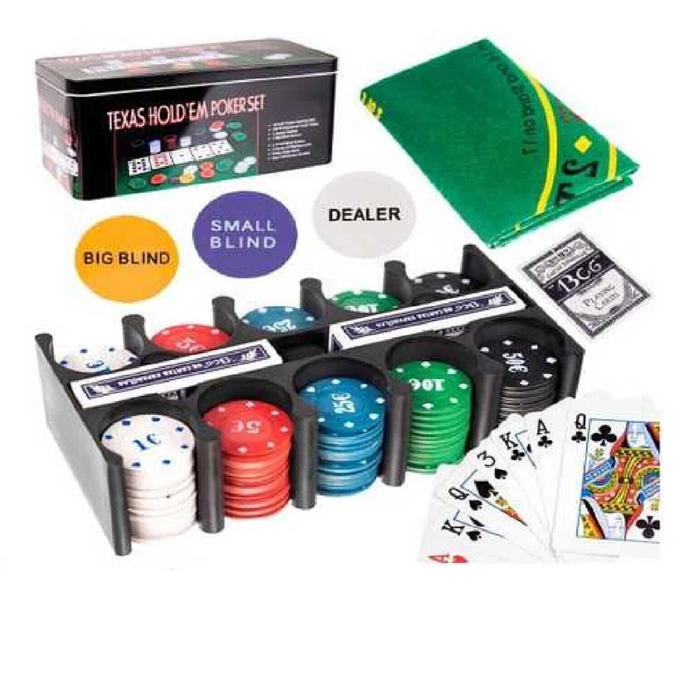 Set Poker Texas Hold'em 200 Fiches Chips + Panno Tovaglia da Gioco Carte Dealer