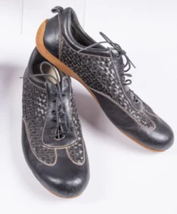 HENRY BEGUELIN Black Woven Leather Lace Up shoes w/White Contrast Stitching Sz 8 - Picture 1 of 4